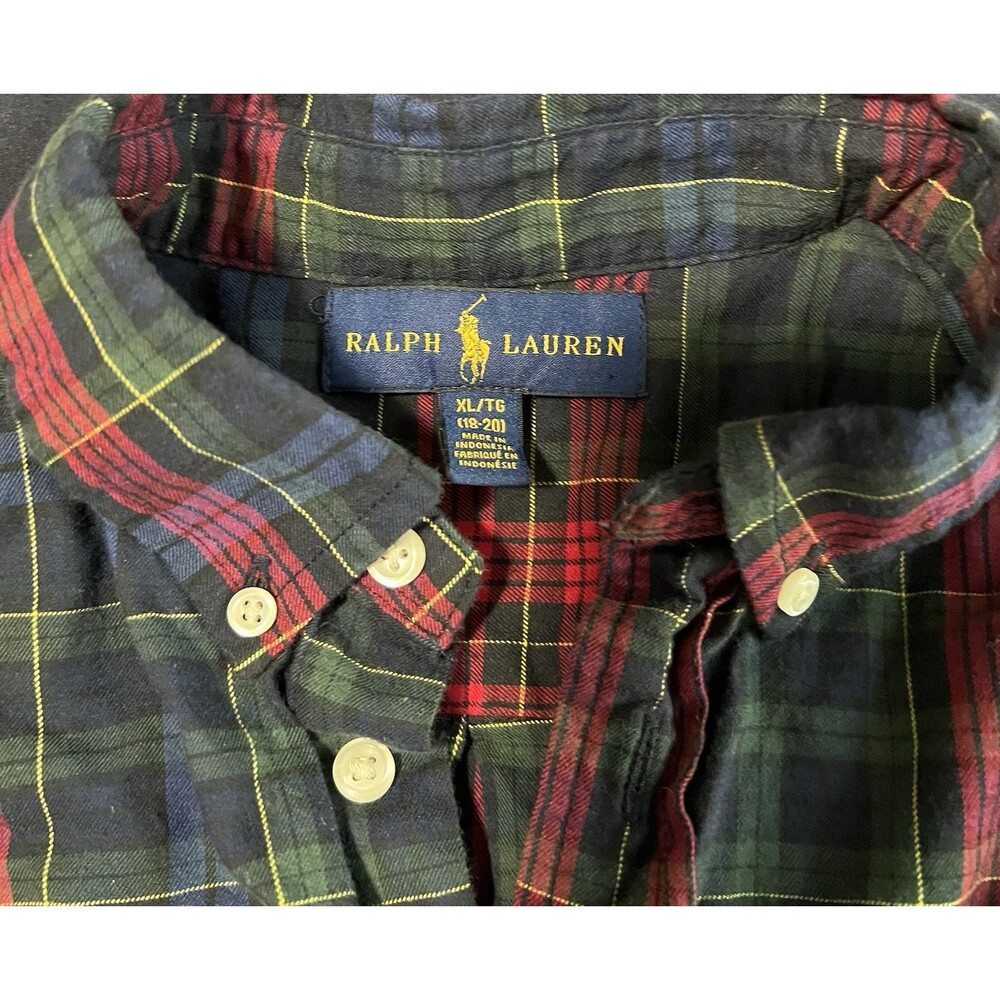 Ralph Lauren Boys 6 Plaid Button Down Long Sleeve Cotton Dress Shirt Red, Blue